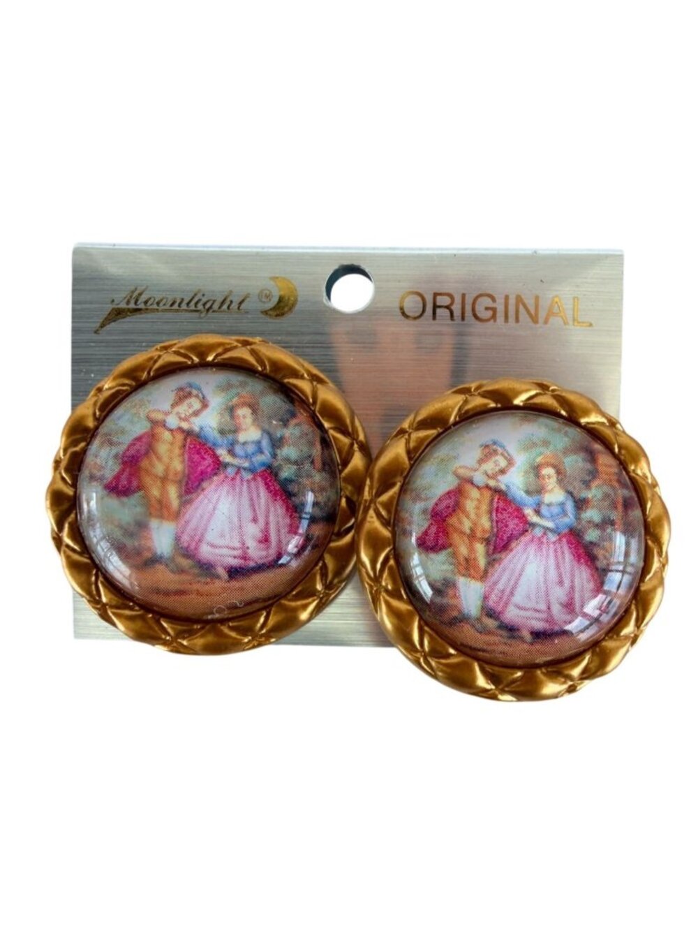 Vintage NOS Moonlight Large Statement Clip-On Domed Earrings Victorian Couple